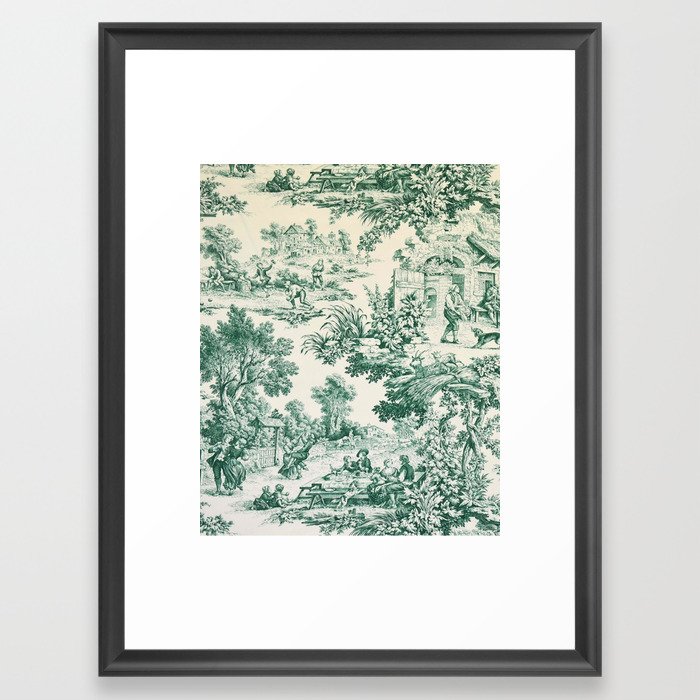 Green Toile de Jouy Framed Art Print