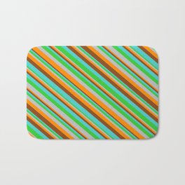 [ Thumbnail: Eye-catching Turquoise, Lime Green, Grey, Dark Orange & Brown Colored Lines/Stripes Pattern Bath Mat ]