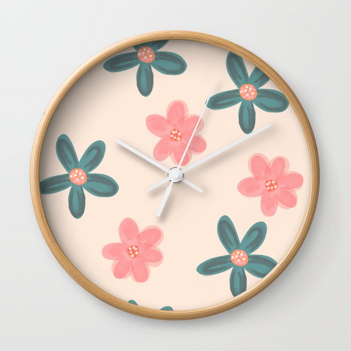 Colorful cute Flowers - Pink and green flowers - Colorful Floral Pattern - White flowers - Spring Essentiels Wall Clock