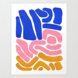 Colorful Minimalist Mid Century Modern Shapes Pink Ultramarine Blue Yellow Ochre Tribal Maze Pattern Art Print