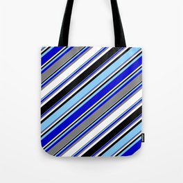 [ Thumbnail: Light Sky Blue, Blue, Gray, White, and Black Colored Striped Pattern Tote Bag ]
