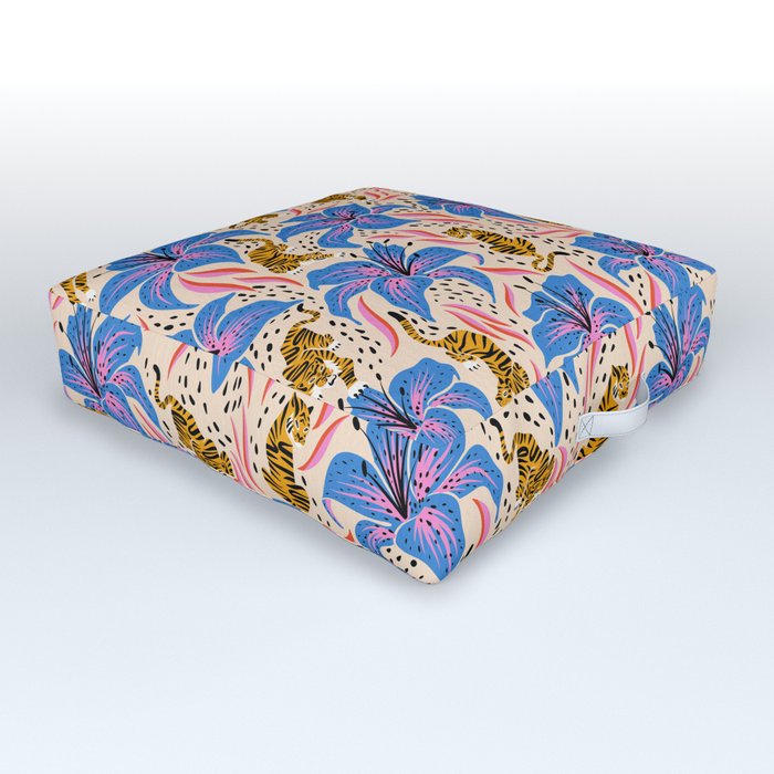 Tigers & Tiger Lilies – Blue & Yellow Outdoor Floor Cushion