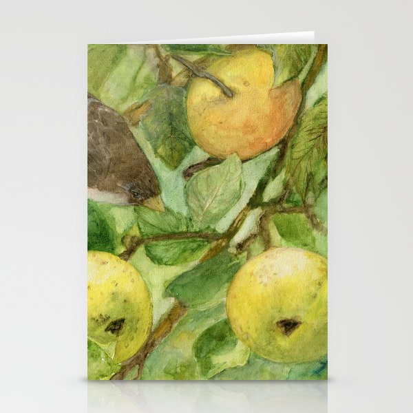 Bird In Apple Tree With Apples Watercolor On Panel Laurie