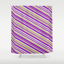 [ Thumbnail: Light Grey, Dark Khaki, and Dark Violet Colored Striped/Lined Pattern Shower Curtain ]
