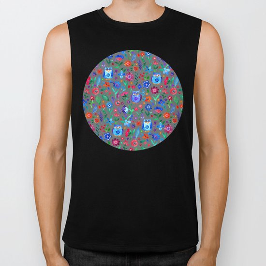 Little Owls and Flowers on Grey Biker Tank
