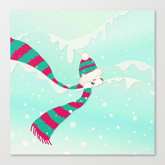 Christmas Peekaboo Snowman I - Mint Blue Snowy Background Canvas Print