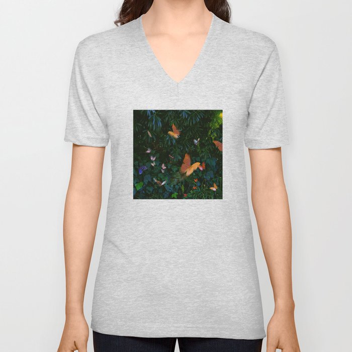 Elegant, Colorful Fantasy Butterflies in Flight V Neck T Shirt