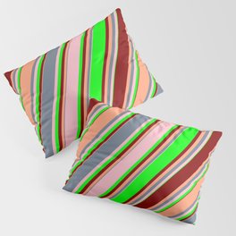 [ Thumbnail: Eye-catching Slate Gray, Pink, Lime, Maroon & Light Salmon Colored Striped Pattern Pillow Sham ]