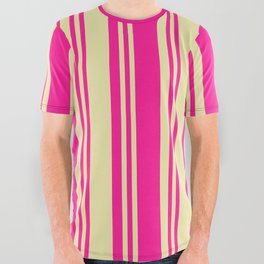 [ Thumbnail: Deep Pink and Pale Goldenrod Colored Lines/Stripes Pattern All Over Graphic Tee ]