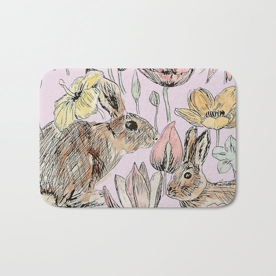 rabbits and flowers with color Bath Mat