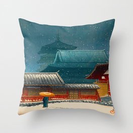 Vintage Japanese Woodblock Print Japanese Red Shinto Shrine Pagoda Winter Snow Throw Pillow