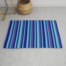 [ Thumbnail: Dark Blue, Dark Slate Blue & Turquoise Colored Pattern of Stripes Rug ]