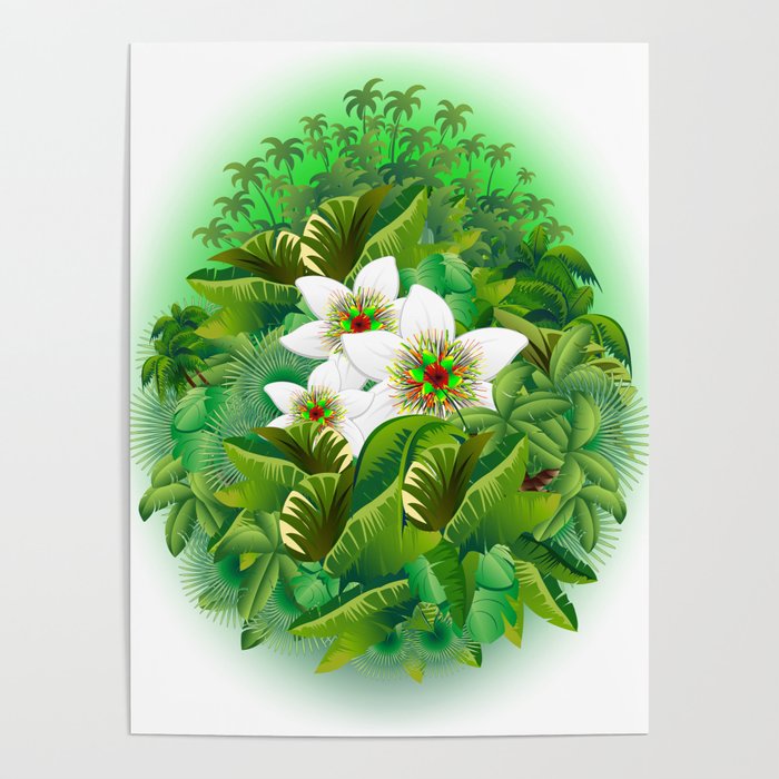Passion Flowers on Tropical Jungle Poster