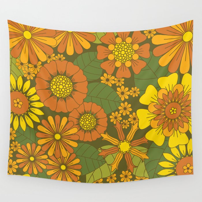 Orange Brown Yellow and Green Retro Daisy Pattern Wall Tapestry