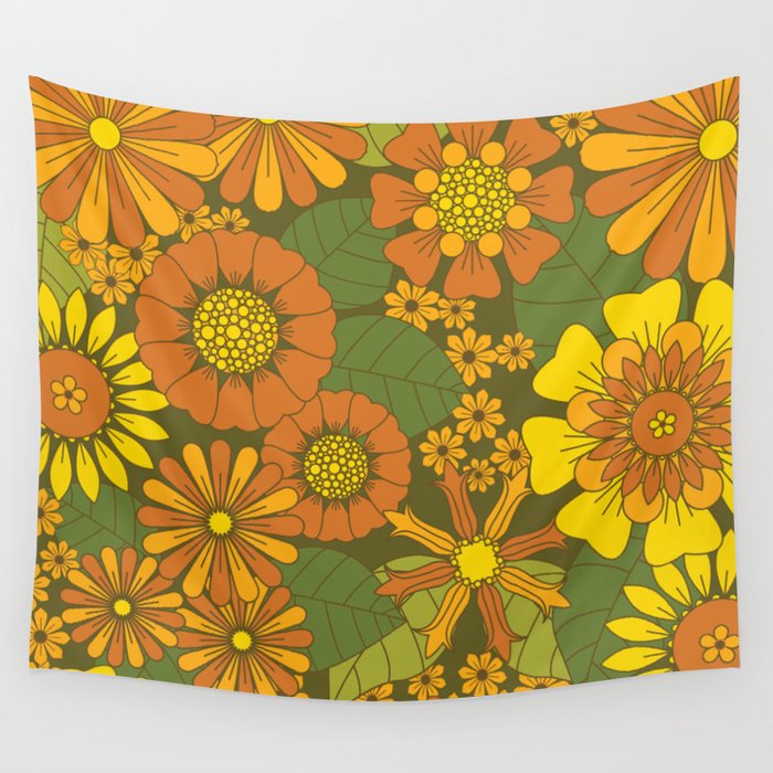 Orange, Brown, Yellow and Green Retro Daisy Pattern Wall Tapestry