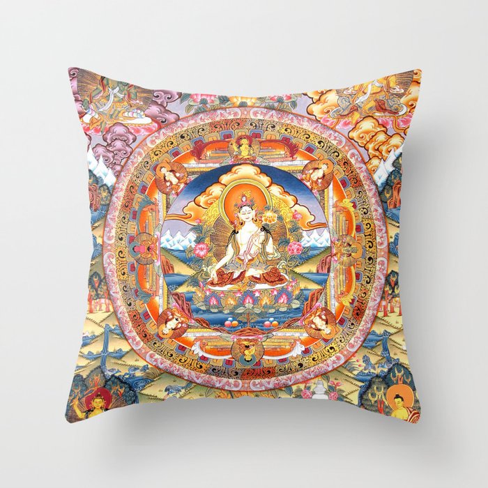 White Tara Mandala Buddhist Thangka Throw Pillow