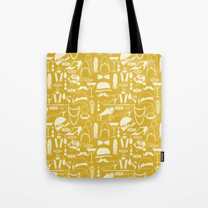 White Fashion 1920s Vintage Pattern on Mustard Yellow Tote Bag