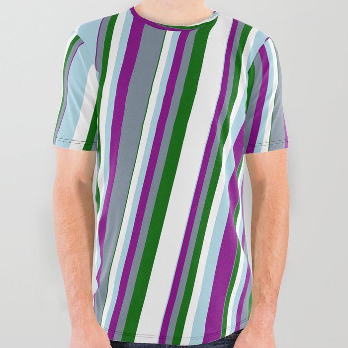 Light Blue, Purple, Light Slate Gray, Dark Green & White Colored Striped Pattern All Over Graphic Tee