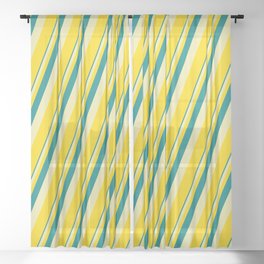 [ Thumbnail: Teal, Pale Goldenrod & Yellow Colored Lines Pattern Sheer Curtain ]