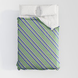 [ Thumbnail: Dark Sea Green, Pale Goldenrod, and Blue Colored Striped Pattern Comforter ]