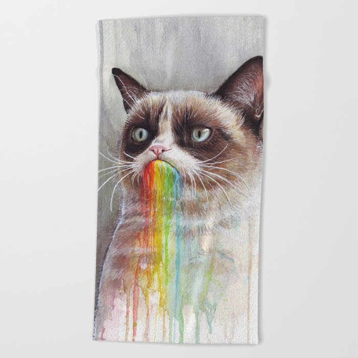 Cat Tastes The Grumpy Rainbow Beach Towel By Olechka Society6