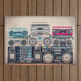 Retro old school design ghetto blaster stereo radio cassette tape recorders boombox tower from circa 1980s front concrete wall background. Vintage style filtered photo Outdoor Rug