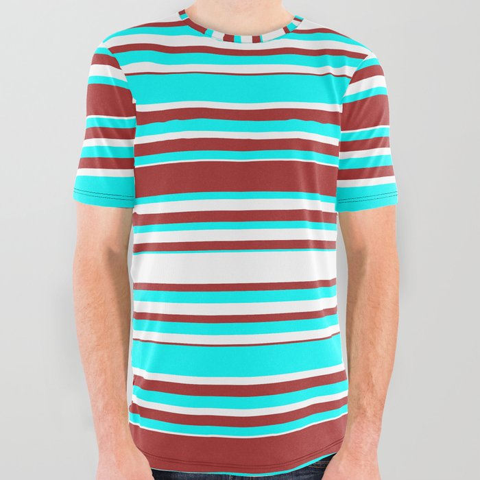 Cyan, White, and Brown Colored Lines/Stripes Pattern All Over Graphic Tee