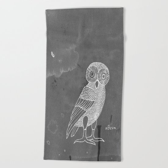 ATHENA'S OWL IN GREY BACKGROUND Beach Towel