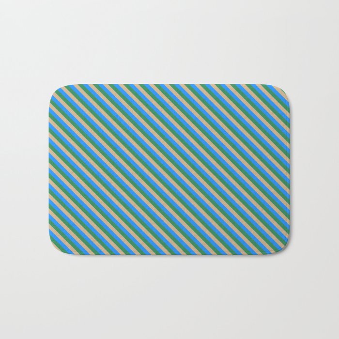 Tan, Blue, and Sea Green Colored Pattern of Stripes Bath Mat