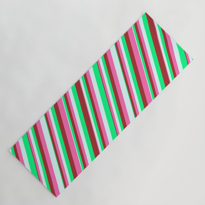 Green, Brown, Hot Pink & Light Cyan Colored Striped Pattern Yoga Mat