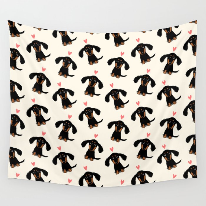 Dachshund Love | Cute Longhaired Black and Tan Wiener Dog Wall Tapestry