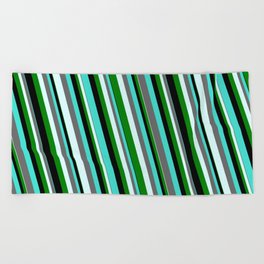 [ Thumbnail: Eyecatching Turquoise, Dim Grey, Light Cyan, Green & Black Colored Striped Pattern Beach Towel ]