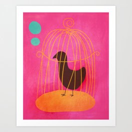 Hot Pink Crow Bird In a Cage Art Print