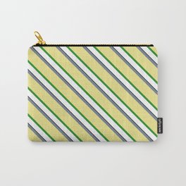 [ Thumbnail: Eye-catching Slate Gray, Tan, Forest Green, White, and Black Colored Lined Pattern Carry-All Pouch ]