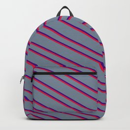 [ Thumbnail: Light Slate Gray, Indigo & Crimson Colored Striped Pattern Backpack ]