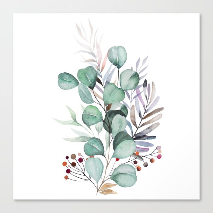 Winter floral Watercolor bouquet with pastel leaves, berries and flowers Canvas Print