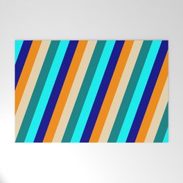 [ Thumbnail: Eyecatching Dark Orange, Tan, Teal, Aqua & Dark Blue Colored Stripes Pattern Welcome Mat ]