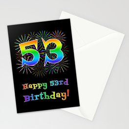 [ Thumbnail: 53rd Birthday - Fun Rainbow Spectrum Gradient Pattern Text, Bursting Fireworks Inspired Background Stationery Cards ]