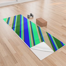 [ Thumbnail: Tan, Green, Blue, and Dark Green Colored Lines/Stripes Pattern Yoga Towel ]