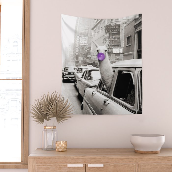 Hubba Bubba Purple Bubble Gum Llama taking a New York Taxi cab black and  white photograph Cutting Board by Astrid Arkhangelsky