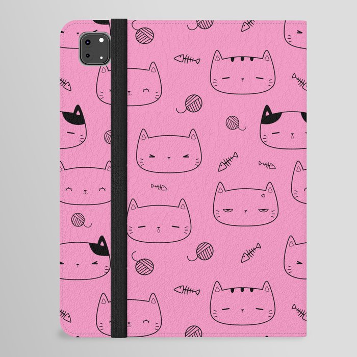 Pink and Black Doodle Kitten Faces Pattern iPad Folio Case