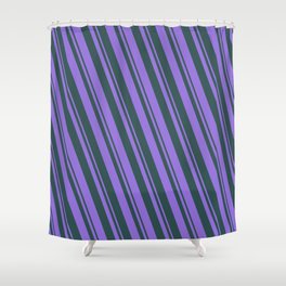 [ Thumbnail: Purple and Dark Slate Gray Colored Lined/Striped Pattern Shower Curtain ]