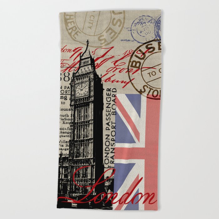 London Great Britain Big Ben Flag Collage Beach Towel