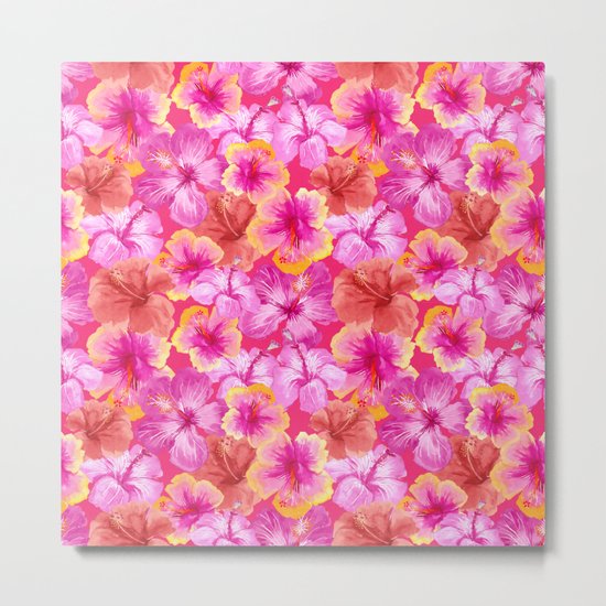 Tropical hibiscus flowers flower floral pattern on pink Metal Print