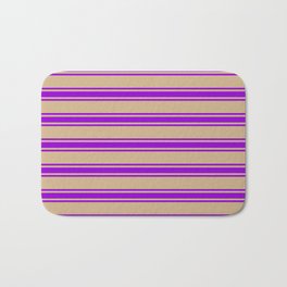 [ Thumbnail: Tan and Dark Violet Colored Lined/Striped Pattern Bath Mat ]