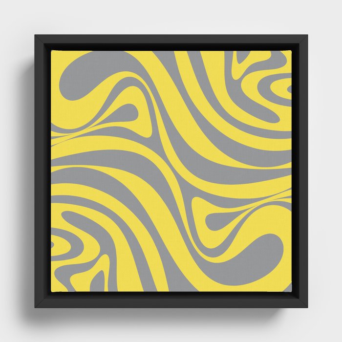 New Groove Retro Swirl Abstract Pattern in Yellow and Gray Framed Canvas