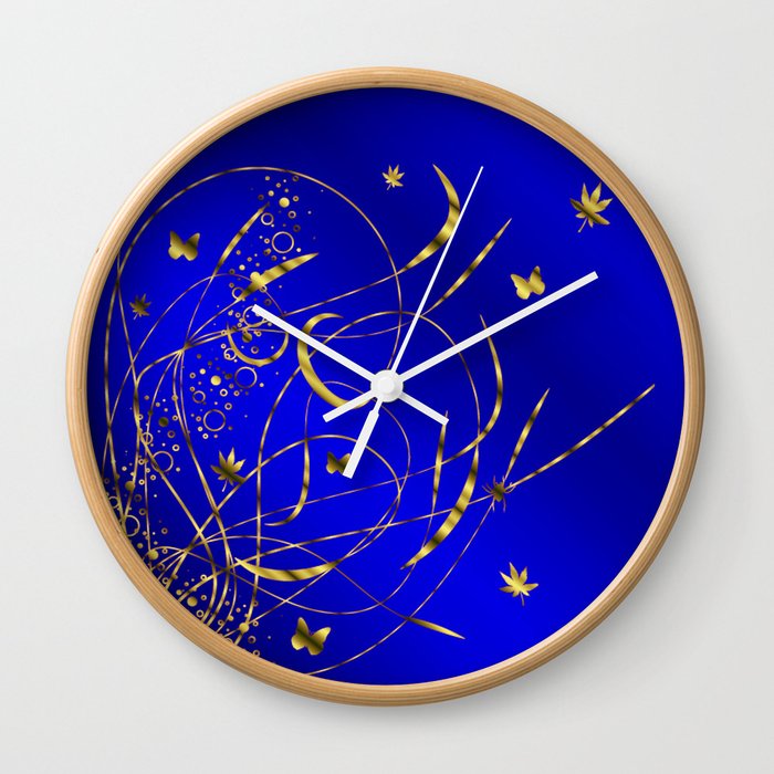 blue festive shiny metal pattern with small butterflies, Asian flowers and drops of water Wall Clock