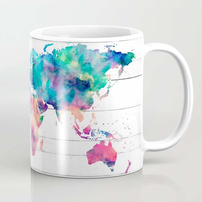 World Map Watercolor Paint on White Wood Coffee Mug