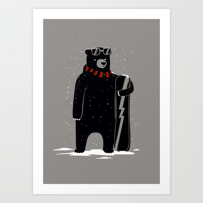 Bear on snowboard Art Print