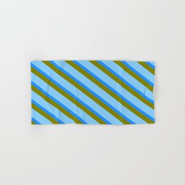 [ Thumbnail: Light Sky Blue, Blue & Green Colored Striped/Lined Pattern Hand & Bath Towel ]